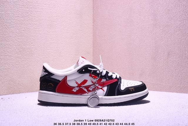 海外爆款限量发售！ Travis Scott X Jordan 1 Low 高端定制 乔丹倒勾低帮休闲板鞋 大厂纯原品质出货 纯正版型 定制鞋盒 皮料切割干净无