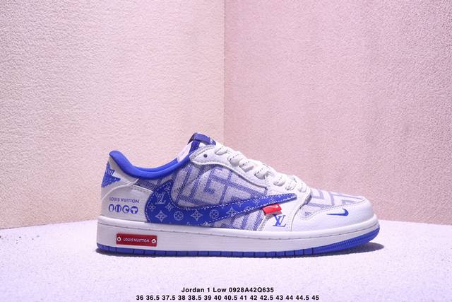 高端定制 Travis Scott X Jordan 1 Low Lv联名-白蓝牛仔 倒勾低帮休闲版本 原厂全头层皮 大厂纯原品质出货 纯正版型 定制鞋盒 皮料