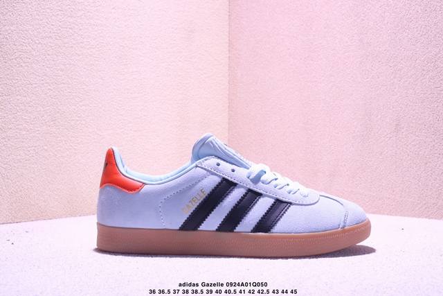 Adidas Originals Gazelle 此款鞋延续了橡胶外底和经典款式的传统。优质绒面革鞋面和标志性的3条纹采用明亮的对比色，为久经考验的外观带来俏皮