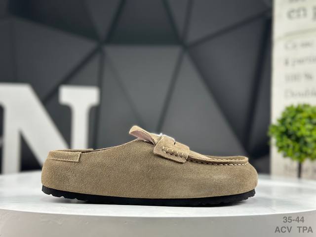 Birkenstock 博肯一脚蹬系列 棕色反绒 广东原产采用质地柔软牛皮绒面革植入羊羔毛鞋垫和里衬材质中底搭载缓震软木橡胶 纯色羊毛内里，保暖不乏时尚 外置E