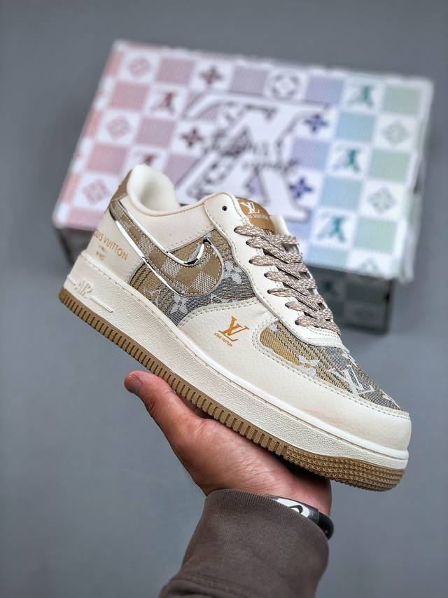 F版 海外爆款限量发售！高端定制Nike Air Force 1 '07 Low “路易威登Lv联名--- 米白黄帆布印花” 高端定制 低帮休闲板鞋 定制鞋盒