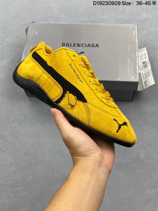 puma 彪马 X Balenciaga巴黎世家 Speedcat 系列 薄底鞋 牛皮绒面革 圆头做旧磨损 低帮 生活休闲鞋 极速赛车系列 复古运动休闲跑鞋 充