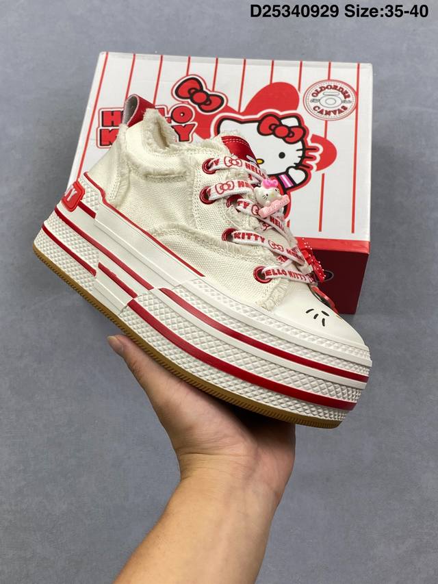 公司级Sanrio 三丽鸥 X Old Order 联名限定 凯蒂粉蓝 马卡龙 厚底增高帆布鞋 鞋身满印的Hello Kitty 凯蒂猫图案真的好可爱 粉蓝色系