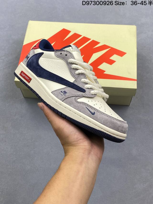 Fragment X Travis Scott X 斯图西 Air Jordan 1 Low 三方联名倒钩 性价比原盒出货 全新的三方联名低帮倒钩鞋面延续了黑脚