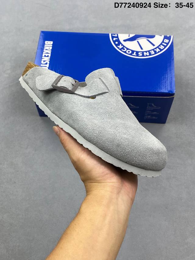 Birkenstock博肯半包拖鞋 超好穿 舒适度 软木脚床，人体工程学设计，对你的脚底部全完支撑。作为日常鞋履穿着非常合适，主要它还不挑人，老少皆宜。赤脚穿最
