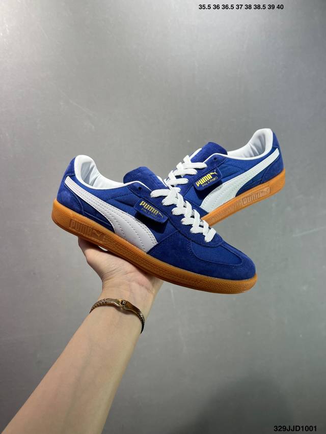 puma palermo 黑白 舒适百搭低帮德训板鞋 孔眼底座和脚趾凸起由绒面革材料制成 支持侧踏时的踏步工作 脚背和侧板采用尼龙网布 即使在健身房等使用环境中