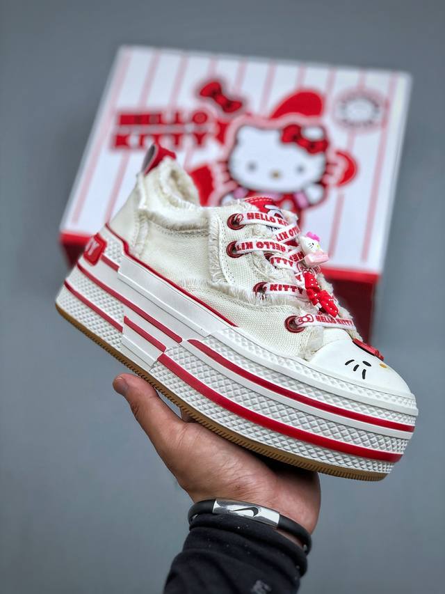 Sanrio 三丽鸥 X Old Order 联名限定 凯蒂粉蓝 6.5Cm 厚底增高帆布鞋 马卡龙 鞋身满印的Hello Kitty凯蒂猫图案真的好可爱 粉蓝