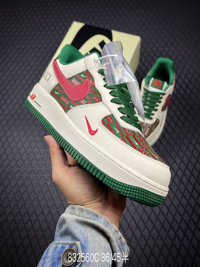C 海外限量发售！公司级Nike Air Force 1 '07 Low “古驰联名 米绿红勾”空军一号 低帮 运动鞋 休闲鞋 折边针车 工艺难度大 原楦头原纸