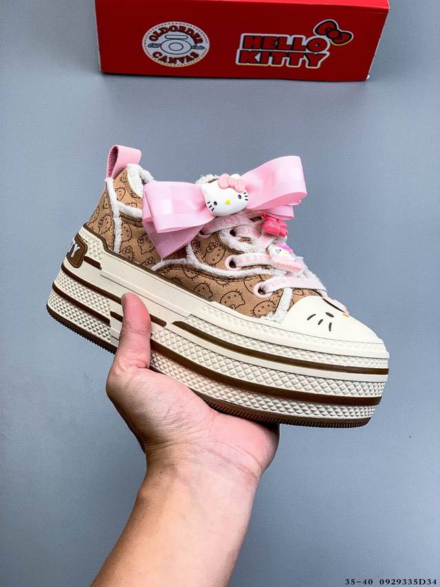 公司级！Sanrio 三丽鸥 X Old Order 联名限定 凯蒂粉蓝 马卡龙 厚底增高帆布鞋 鞋身满印的Hello Kitty 凯蒂猫图案真的好可爱 粉蓝色