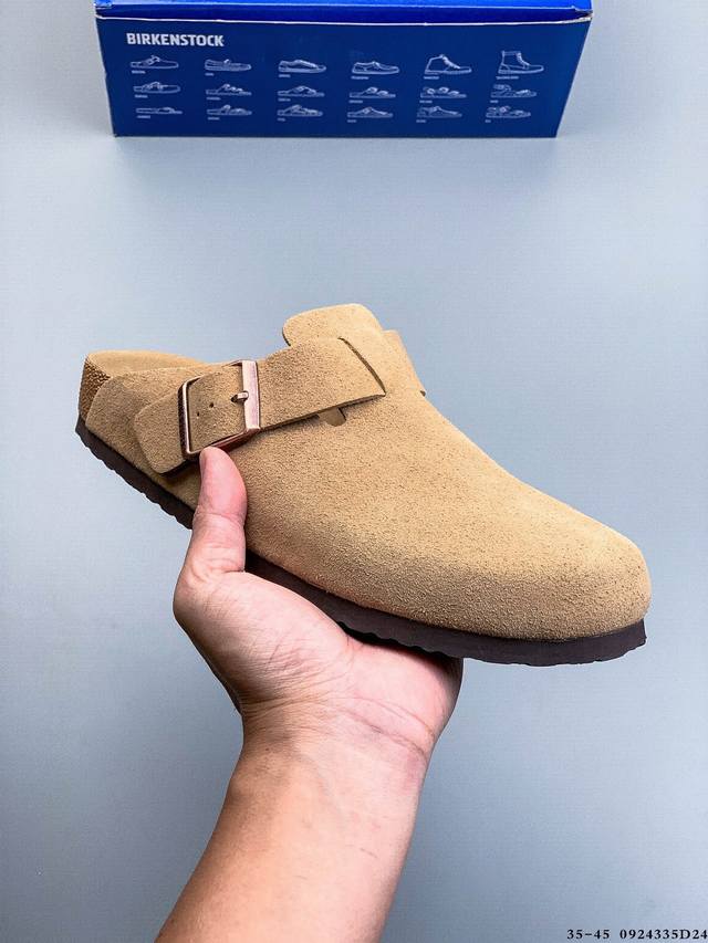 德国百年知名鞋履品牌 博肯Birkenstock 秋冬新款 勃肯半拖凉鞋系列包头拖鞋 广东原产#采用质地柔软牛皮革 中底搭载缓震软木橡胶 外置Eva轻量片装外底