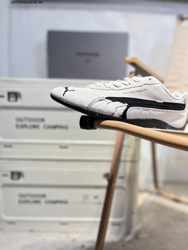 puma 彪马 X Balenciaga巴黎世家 Speedcat 系列 薄底鞋 牛皮绒面革 圆头做旧磨损 低帮 生活休闲鞋 极速赛车系列 复古运动休闲跑鞋 充