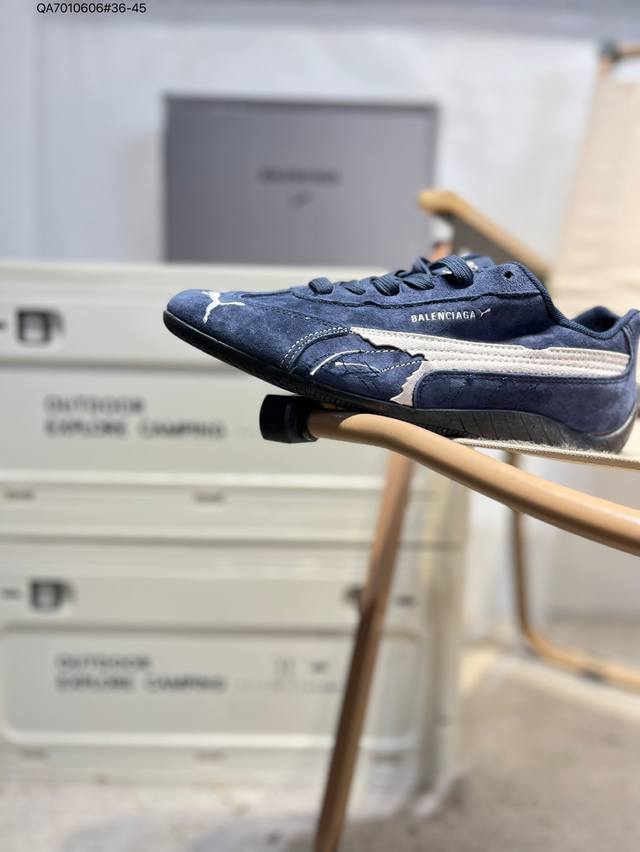 puma 彪马 X Balenciaga巴黎世家 Speedcat 系列 薄底鞋 牛皮绒面革 圆头做旧磨损 低帮 生活休闲鞋 极速赛车系列 复古运动休闲跑鞋 充