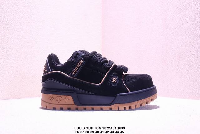 Louis Vuitton Trainer Maxi 小胖丁 黑棕 广东原产高性价比，采用皮革鞋面材质，内里小羊皮打造及去味海玻璃脚垫，空胶工艺，外置耐磨橡胶大