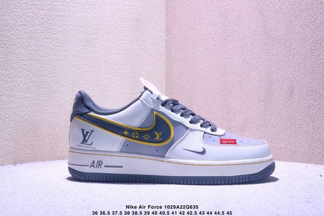 海外限量发售！公司级Nike Air Force 1 '07 Low “Lv，Supreme联名 白蓝色”空军一号 低帮 运动鞋 休闲鞋 折边针车 工艺难度大