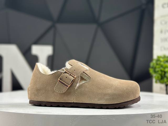 加绒 德国百年知名鞋履品牌 加绒加毛 博肯 Birkenstock 秋冬新款 勃肯半拖凉鞋系列加棉 加绒包头拖鞋 广东原产#采用质地柔软牛皮革 中底搭载缓震软木