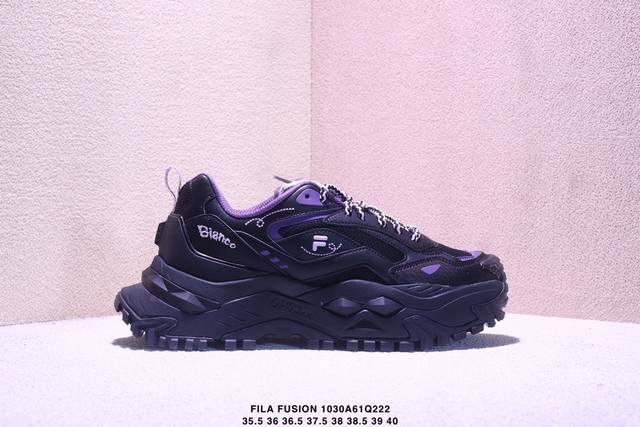 Fila Fusion斐乐潮牌 Bianco Dx So硬糖鞋 南方版 潮流运动厚底 增高 低帮 生活休闲鞋 女款 黑紫 Xm1030Q222