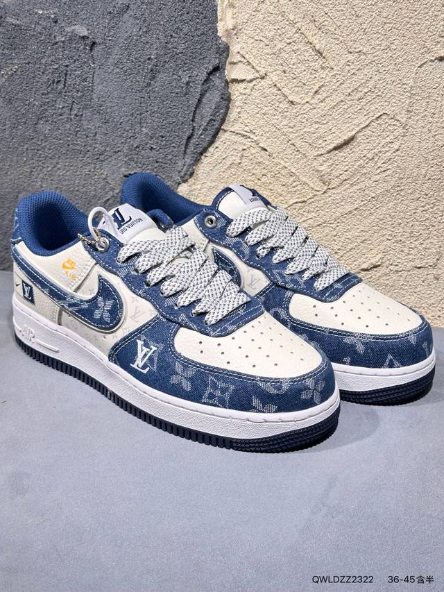 高端定制Nike Air Force 1 '07 Low 路易威登联名--- 牛仔蓝黑勾 Lv印花 高端定制 低帮休闲板鞋 定制鞋盒 大厂纯原品质出货 超高清洁