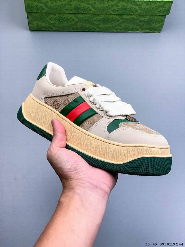 公司级！Gucci古驰 Screener 胖丁 皮革 低帮圆头系带 时尚板鞋 做旧版 采用厚底结构 巧妙运用外观设计 配色和材质三重元素 展现出复古风范 别致的