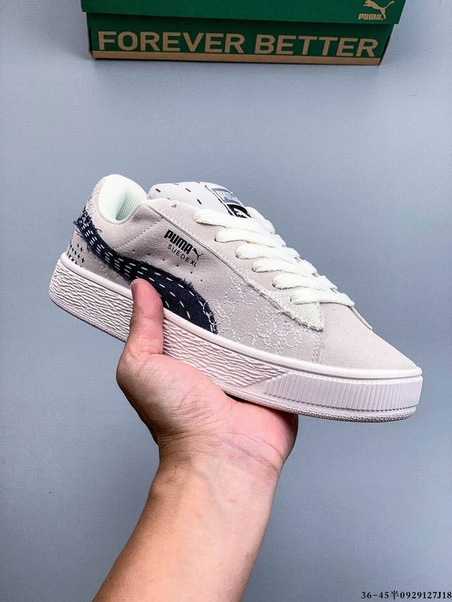 彪马Puma Suede Xl 全新休闲板鞋！鞋身通体采用细腻的麂皮材质，厚实柔软，质感出众；鞋侧保留Puma标志性跑道图案，侧面与后跟点缀金属色Puma Lo