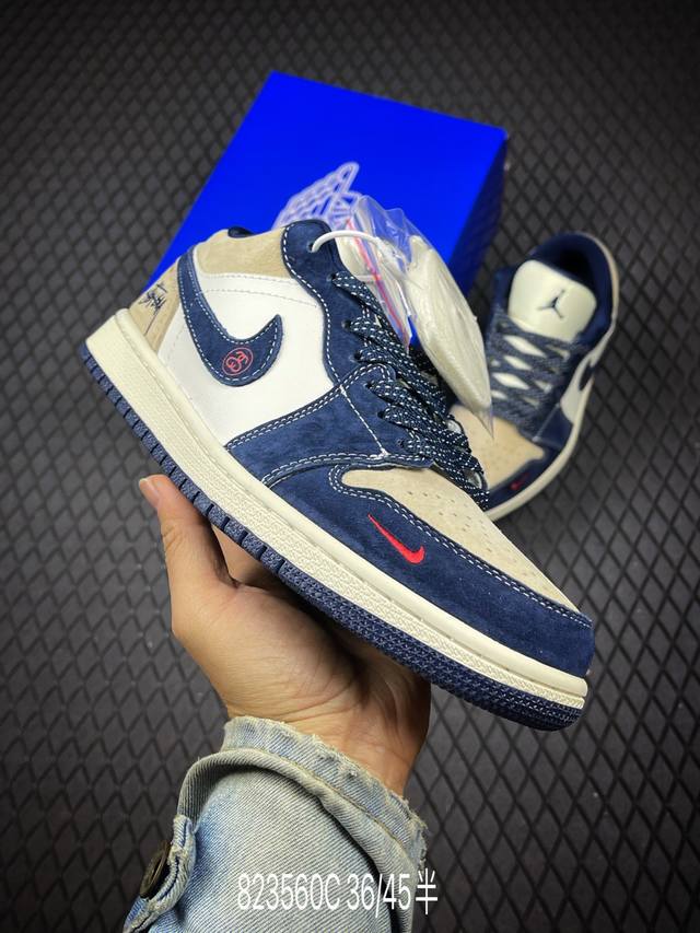 C Nike Jordan Air Jordan 1“斯图西联名 深蓝棕” 高端定制 低帮 复古 减震 防滑 耐磨 篮球鞋 定制鞋盒 大厂纯原品质出货 超高清洁
