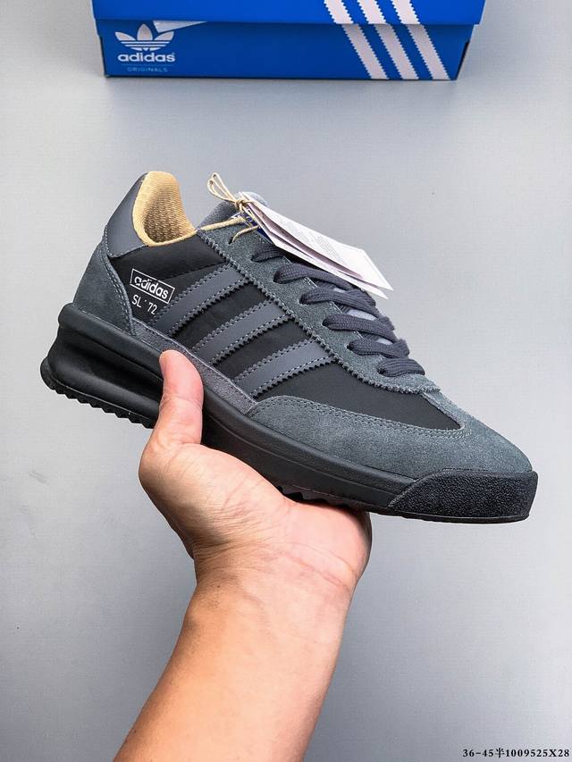 阿迪达斯Adidas Sl 72 Rtn 全新重置版本，将这款复古鞋型用尼龙材质呈现，搭载了Boost中底，鞋型日常百搭，最终拼接麂皮材质，让该鞋型上脚既有舒适