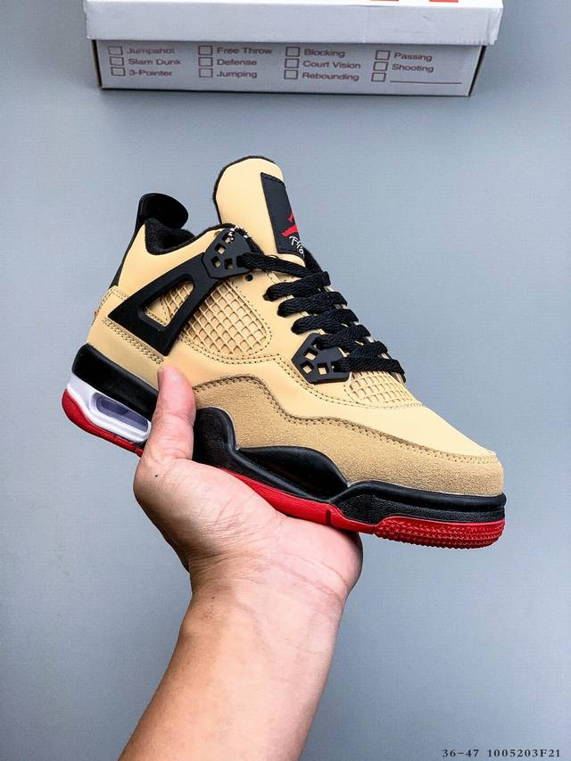 Air Jordan 4 Aj4代中帮复古休闲运动文化篮球鞋。秉承轻量化的速度型篮球鞋设计思想完成设计，降低重量的同时提升舒适度，中底延续前作使用了分离式后掌可