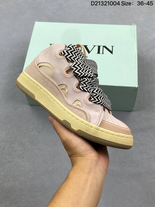 公司级法国奢侈品牌 浪凡 Lanvin Curb Leather Low-Top Sneakers 复古街头系列低帮系带休闲运动滑板板鞋“樱花浅粉彩色涂鸦”Fm