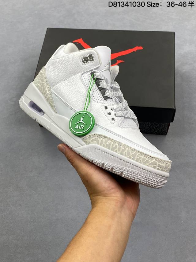 公司级Air Jordan 3 Retro ”Silver Anniversary“Aj3 乔丹3代 Aj3 乔3 白水泥 乔丹篮球鞋系列 鞋身以白色为主调，采