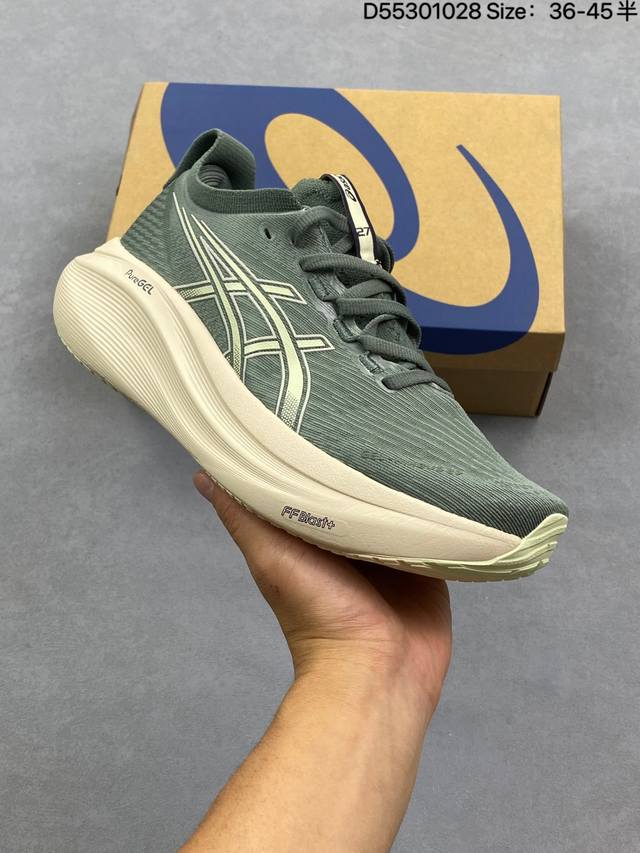 公司级Asics Gel-Nimbus 27 舒适防滑耐磨低帮休闲跑步鞋 鞋底采用了轻质发泡材料 并在后跟和前掌处采用了Asics亚瑟士核心科技-Gel缓震胶