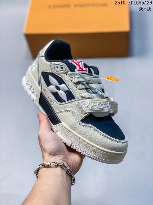 原版开发 全新爆款 Sneaker Lo 公司级路易威登板鞋 魔术贴面包鞋 新款 Lv Tyler X Louis Vuitton Trainer 圆头系带 魔