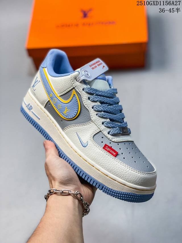 海外限量发售！公司级Nike Air Force 1 '07 Low “Lv，Supreme联名 白蓝色”空军一号 低帮 运动鞋 休闲鞋 折边针车 工艺难度大