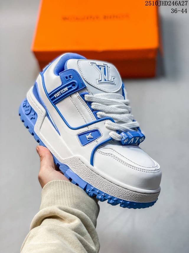 Louis Vuitton Trainer Maxi 小胖丁 皮革 标识珠饰点缀 低帮 板鞋 男女同款 白蓝 10Jxd246A27
