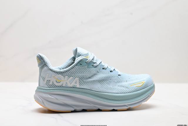公司级Hoka M Clifton 9 轻量低帮户外越野跑鞋 户外山脉越野轻量运动跑鞋 鞋面用轻的无缝架构 鞋带用了弹性不易松脱的扁宽弹性鞋带 轻薄的Tpu贴在