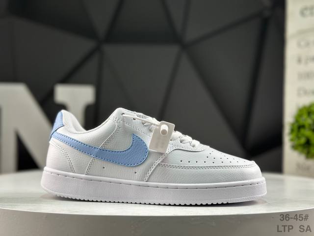 耐克 Nike Court Vision Lo 耐克 低帮 白蓝黄 鞋身以白色作为主色调，使鞋款十分百搭，同时鞋身两侧Swoosh Logo使用海军蓝打造，后跟