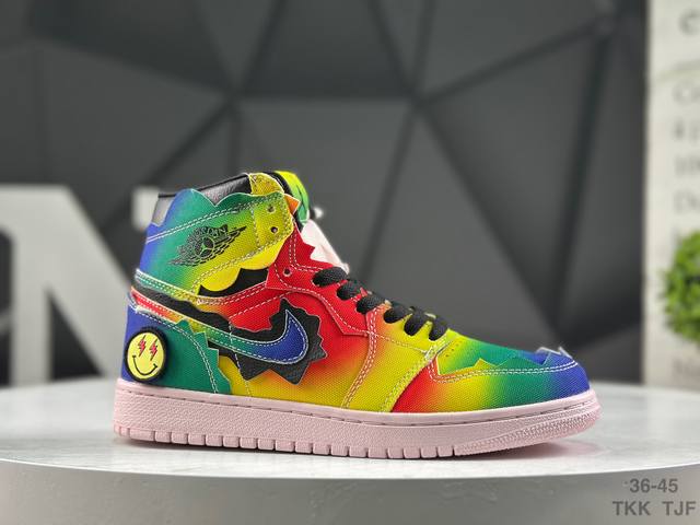 真标Aj1 X Jbalvin雷鬼天王联名笑脸彩虹扎染 美国雷鬼歌手Jbalvin 与拉丁天后 Jennifer Lopez 和 Shakira 同台表演。其身