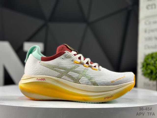 亚瑟士 Asics Gel-Nimbus 27 舒适防滑耐磨低帮休闲跑步鞋 鞋底采用了轻质发泡材料 并在后跟和前掌处采用了Asics亚瑟士核心科技-Gel缓震胶