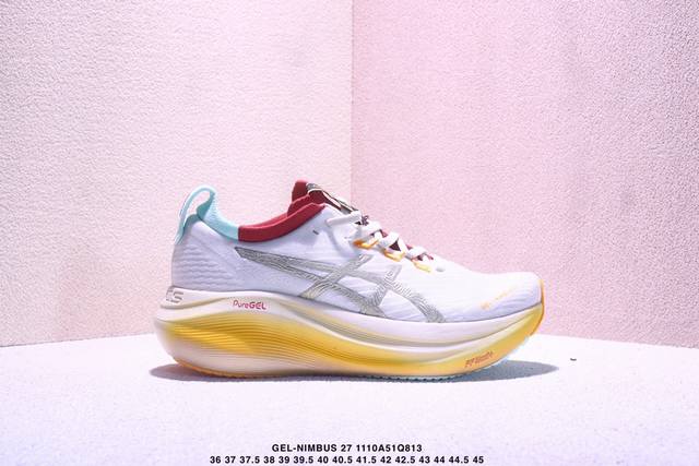 公司级Asics 亚瑟士Gel-Nimbus 27稳定跑鞋鞋面采用双层提花网面设计，提高包裹性和透气性，后跟搭载稳定系统科技T-Gel提升整体支撑力和结构感，减