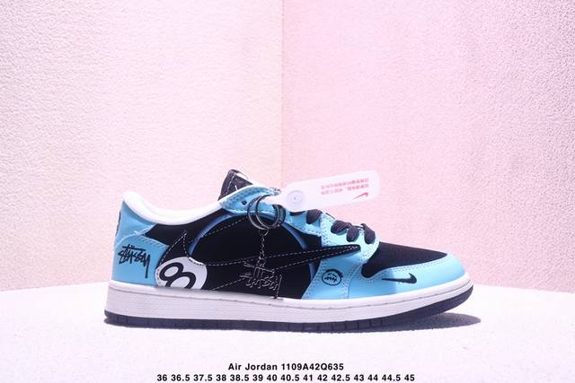 海外爆款限量发售！ Travis Scott X Jordan 1 Low “斯图西联名 台球黑蓝鬼脸” 高端定制 乔丹倒勾低帮休闲板鞋 大厂纯原品质出货 纯正