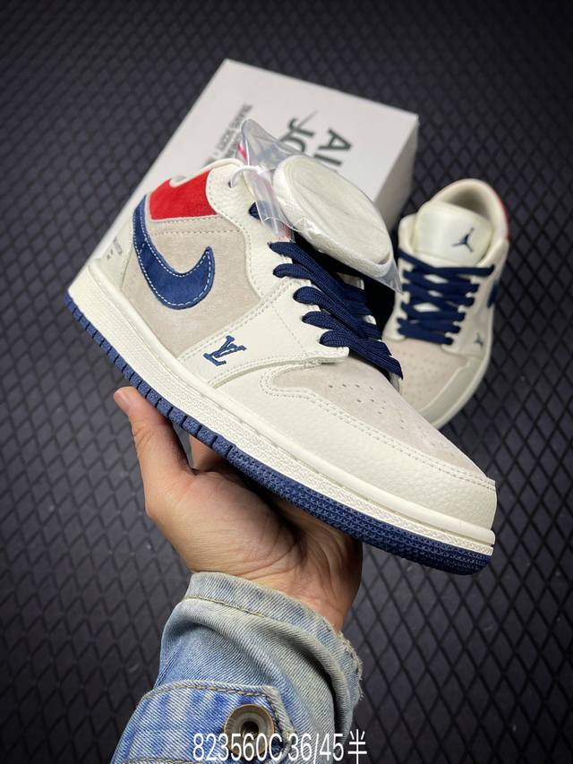 C 高端定制Air Jordan 1 Low Aj1 乔1 “路易威登联名---米白红蓝猪八”高端定制 低帮复古篮球鞋 #定制鞋盒 大厂纯原品质出货 超高清洁度