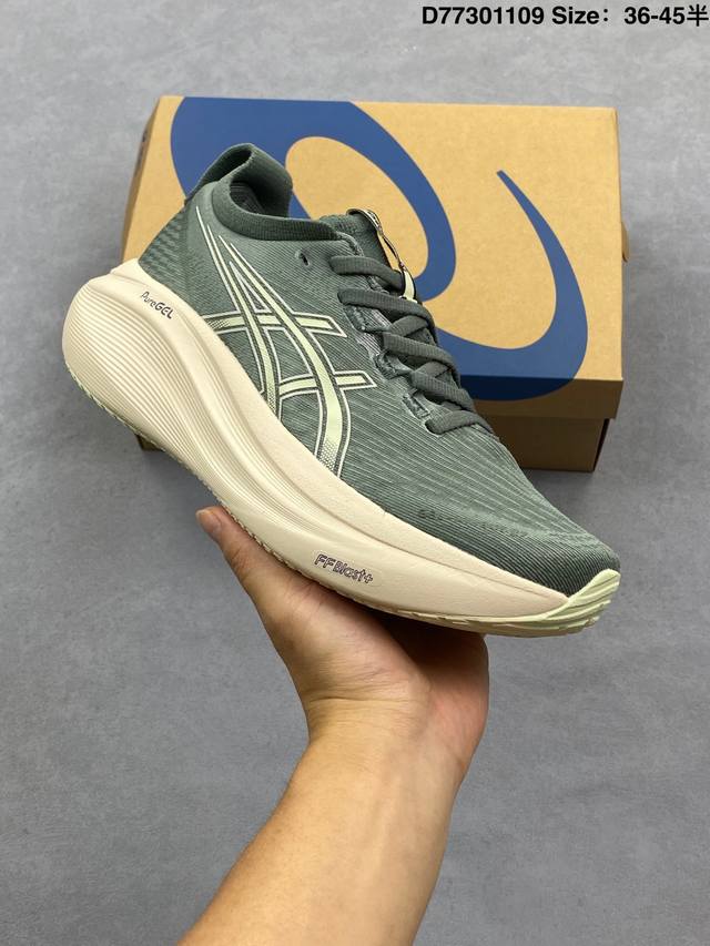 公司级Asics Gel-Nimbus 27 舒适防滑耐磨低帮休闲跑步鞋 鞋底采用了轻质发泡材料 并在后跟和前掌处采用了Asics亚瑟士核心科技-Gel缓震胶