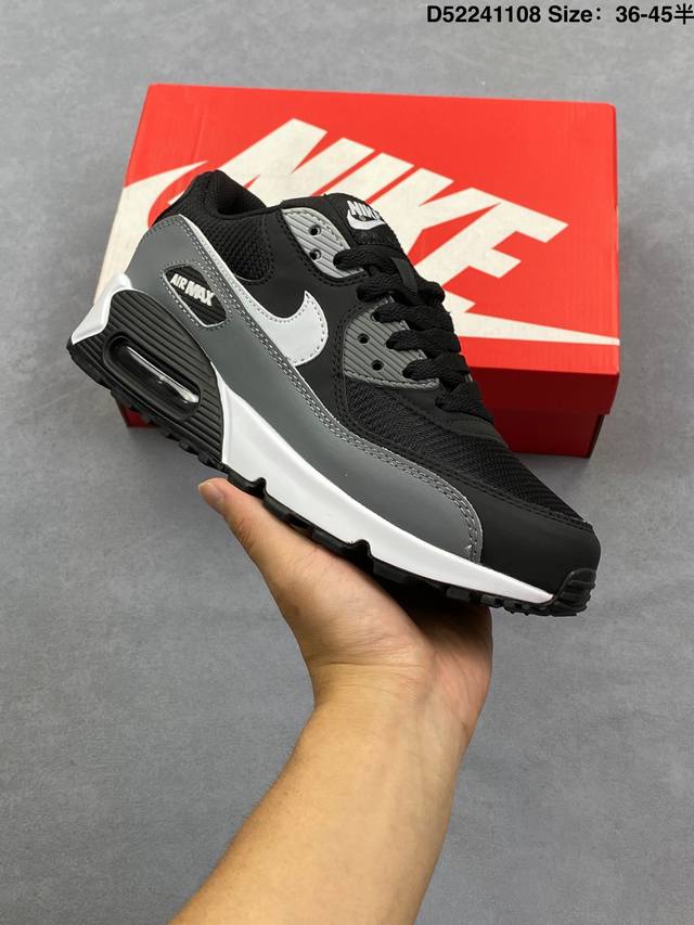 耐克Nike Air Max 90 经典复古小气垫缓震跑鞋 鞋面由皮和革织物打造，犀利的条线打造出酷劲十的足视觉效果 网布鞋增面强透气性，穿着为极舒适 经可典视