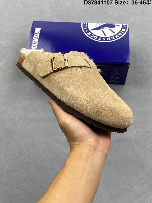 公司级 德国百年知名鞋履品牌 勃肯Birkenstock Boston Suede Shearling 波士顿系列休闲家居棉拖鞋 低帮牛皮绒面革复古软木底包头露