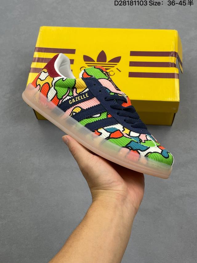 Adidas 阿迪达斯 男女鞋采用翻毛皮与天鹅绒布鞋面材质，皮革内里贴缓震pu乳胶脚垫，外置耐磨大底 “复古运动”最新跨界联名，意大利奢侈品牌-古驰Gucci