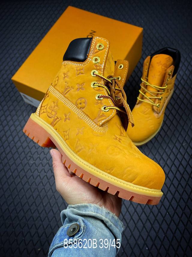 B 性价比版本 Timberland X Louis Vuitton 牛皮革6英寸满印老花 圆头系带压纹防水绒面经典大黄靴 Timberland添柏岚 天伯伦大