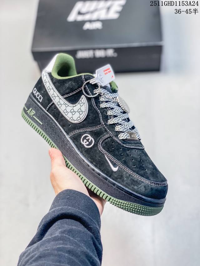 海外限量发售！公司级Nike Air Force 1 '07 Low “古驰联名 黑军绿”空军一号 低帮 运动鞋 休闲鞋 折边针车 工艺难度大 原楦头原纸板 原