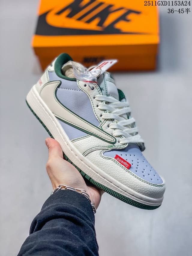 Supreme X Air Jordan 1 Low 米灰军绿 此款主张打破传统的工业化流水线设计限制，以Made By Ideas的超级创意为理念，集结众多潮