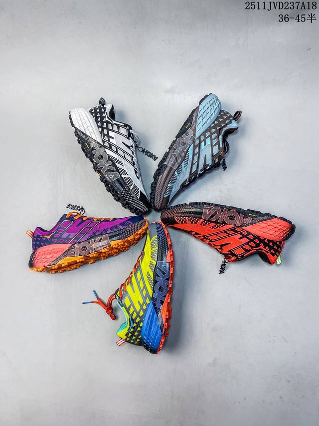 公司级Hoka Speedgoat 2 轻量低帮户外越野跑鞋 户外山脉越野轻量运动跑鞋 特别研发使用性能独特的几何形跑鞋中底 此种鞋底更厚 更高 回弹性也更好