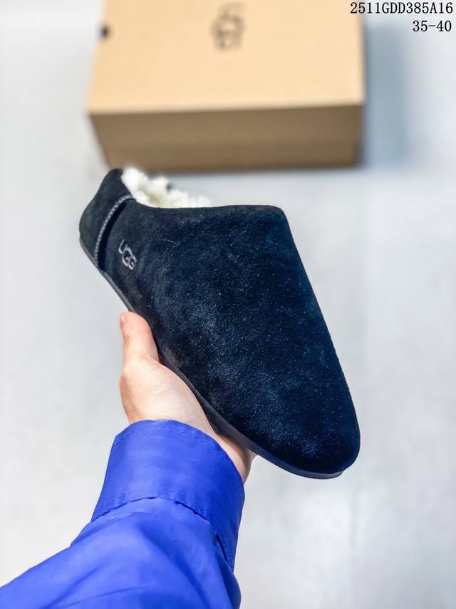 明星同款 2025年秋冬新款 女士Ugg 埃莱亚便鞋薄底款 防泼水翻毛皮鞋面、约10毫米羊皮里衬、鞋内底、橡胶外底、热压花品牌徽标. 半托一脚蹬，解锁松驰脚感.