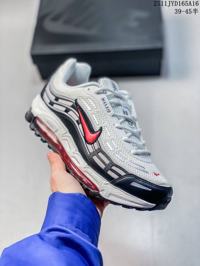 Nike 耐克 Nike Air Max 97 Se 气垫缓震男士跑步鞋 厚底增高百搭运动鞋。以织物材料以及皮革材质搭配而成 鞋侧的走线部分做了一个解构的处理，