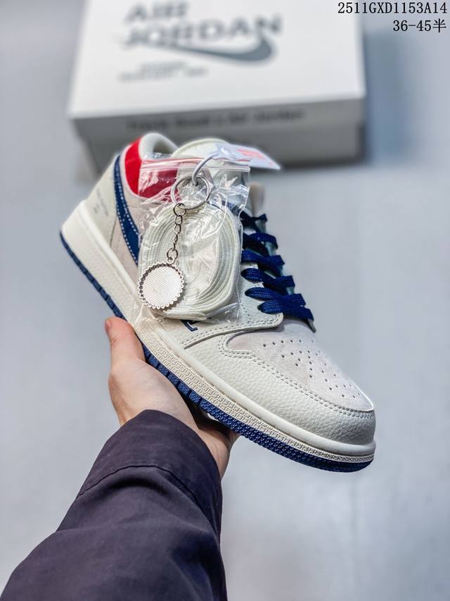 海外爆款限量发售！高端定制Air Jordan 1 Low Aj1 乔1 “路易威登联名---米白红蓝猪八”高端定制 低帮复古篮球鞋 #定制鞋盒 大厂纯原品质出